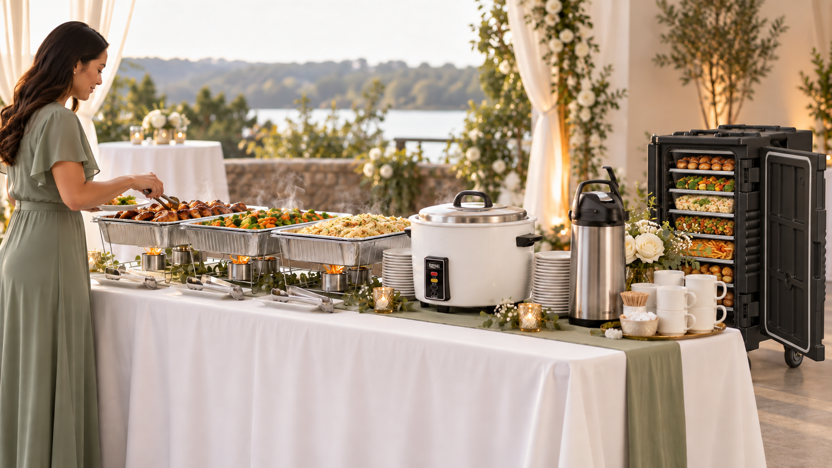 Event buffet with chafing racks, rice cooker, beverage flask and insulated food carrier