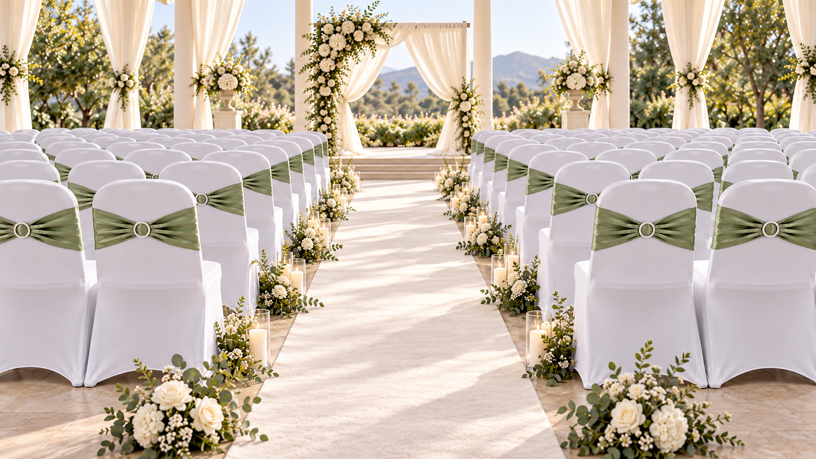 Wedding ceremony seating with white spandex-covered rental chairs