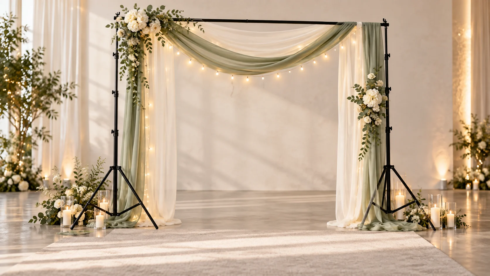 Decorated event backdrop stand with ivory and sage draping