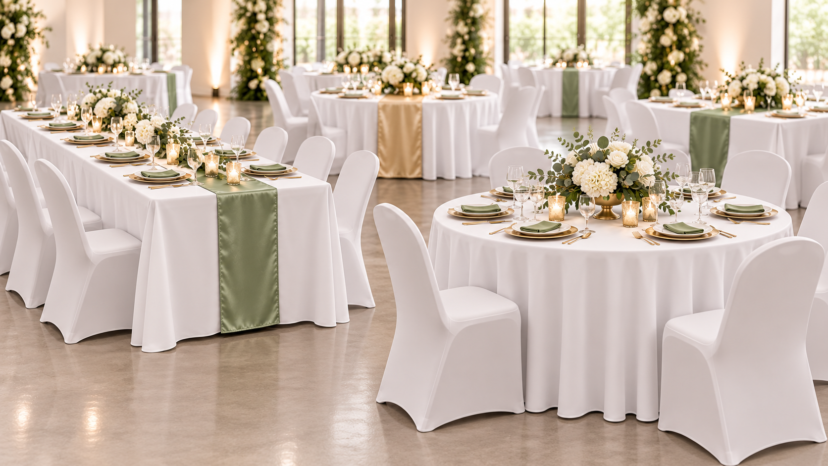 Event tables with white tablecloths and sage table runners